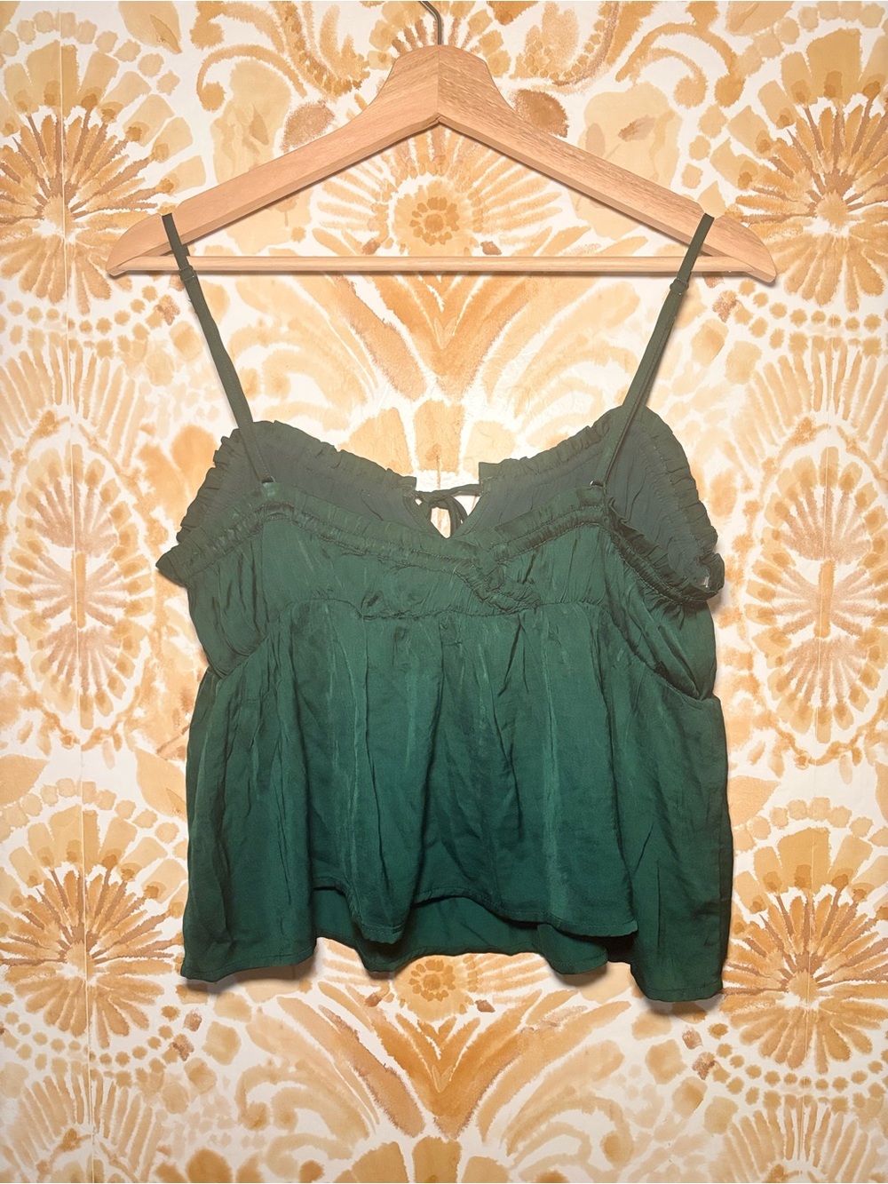 American Eagle Babydoll Ruched Romantic Forest Green Ruched Tie Front Cami Top - Picture 6 of 11